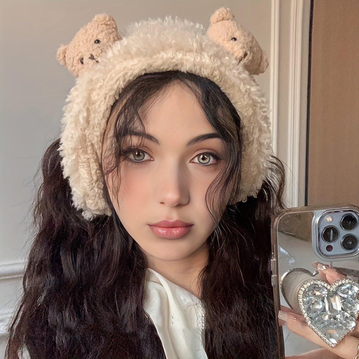 1 Cute Women'S Plush Bear Earmuffs - Cozy Fabric, Stretch Fit, Warm Ear Protection for Autumn & Winter, Occasion Theme, Hand Wash Only, Fashion Accessory | Playful Design | Soft Texture, Ear Warmers for Winter