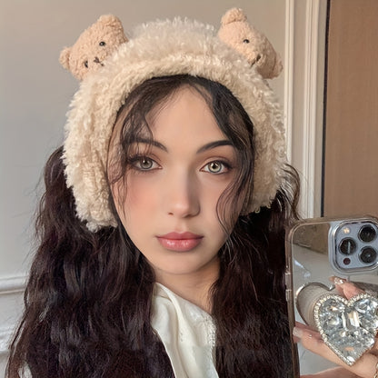 1 Cute Women'S Plush Bear Earmuffs - Cozy Fabric, Stretch Fit, Warm Ear Protection for Autumn & Winter, Occasion Theme, Hand Wash Only, Fashion Accessory | Playful Design | Soft Texture, Ear Warmers for Winter