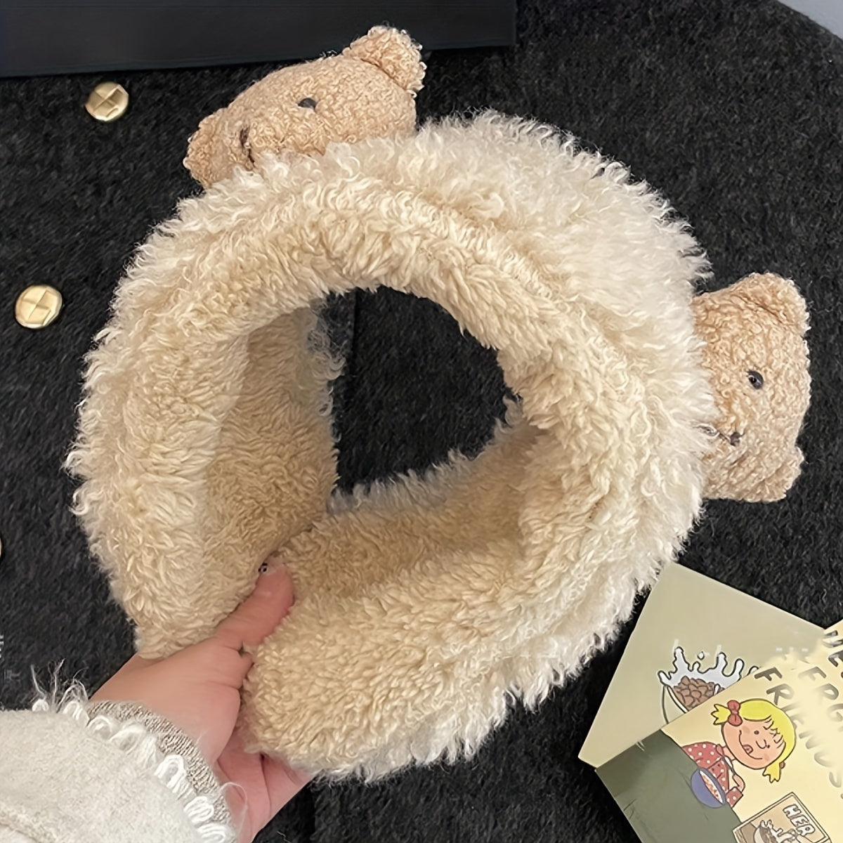 1 Cute Women'S Plush Bear Earmuffs - Cozy Fabric, Stretch Fit, Warm Ear Protection for Autumn & Winter, Occasion Theme, Hand Wash Only, Fashion Accessory | Playful Design | Soft Texture, Ear Warmers for Winter
