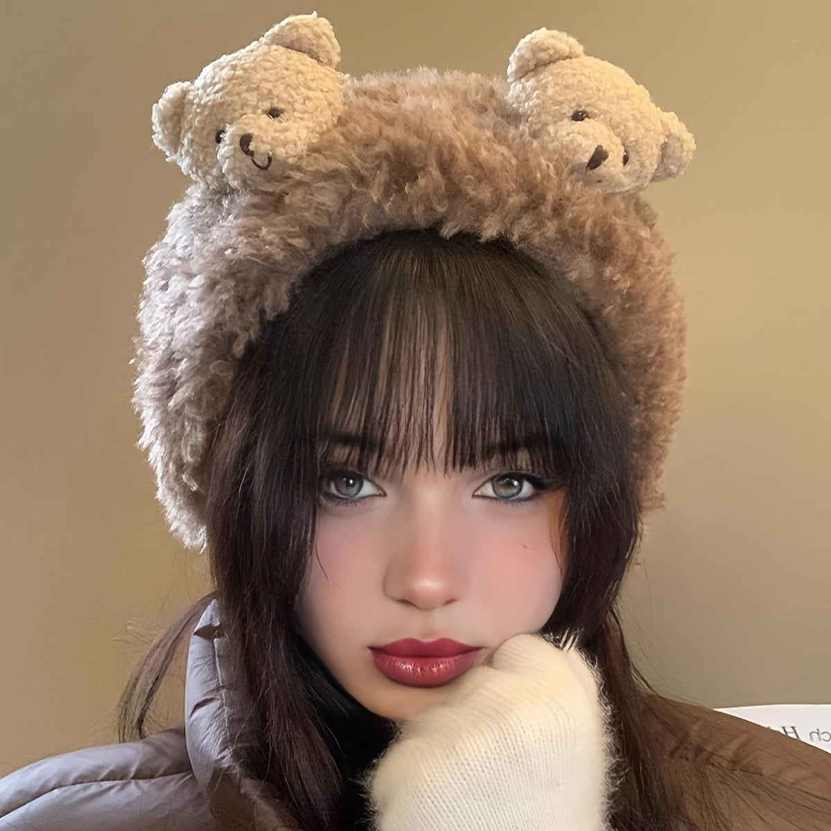 1 Cute Women'S Plush Bear Earmuffs - Cozy Fabric, Stretch Fit, Warm Ear Protection for Autumn & Winter, Occasion Theme, Hand Wash Only, Fashion Accessory | Playful Design | Soft Texture, Ear Warmers for Winter