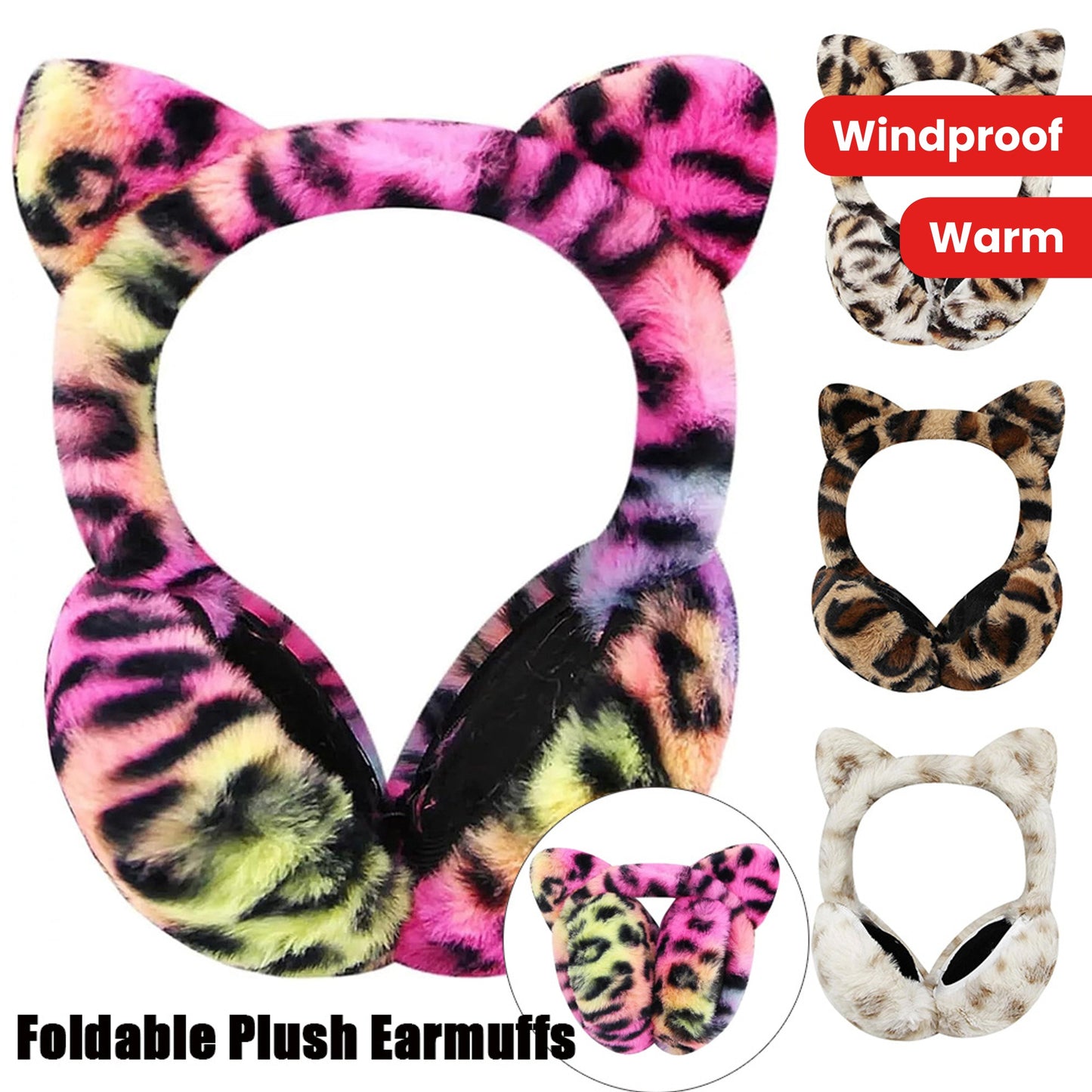 1pc Cute Animal Earmuffs for Women, Faux Fur Cat Ear Muffs Foldable Winter Warm Plush Ear Covers Ear Warmers Headband Outdoor Windproof Cold Weather Headwear for Ski Cycling Camping Running